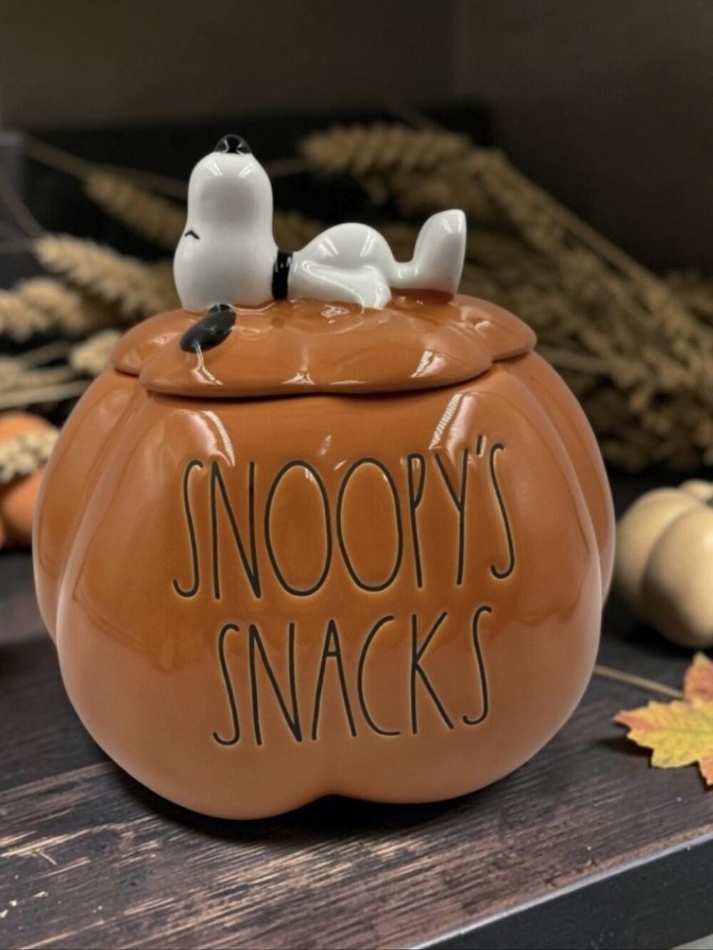 NIB Rae Dunn Peanuts Snoopy's Snacks Pumpkin Cookie Jar - Orange